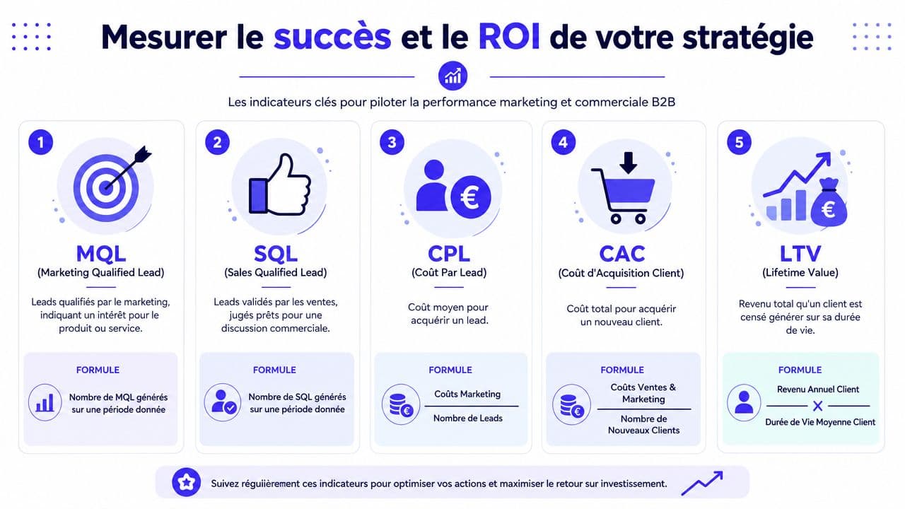 Infographie présentant cinq indicateurs clés de performance pour piloter efficacement une stratégie marketing et commerciale B2B.