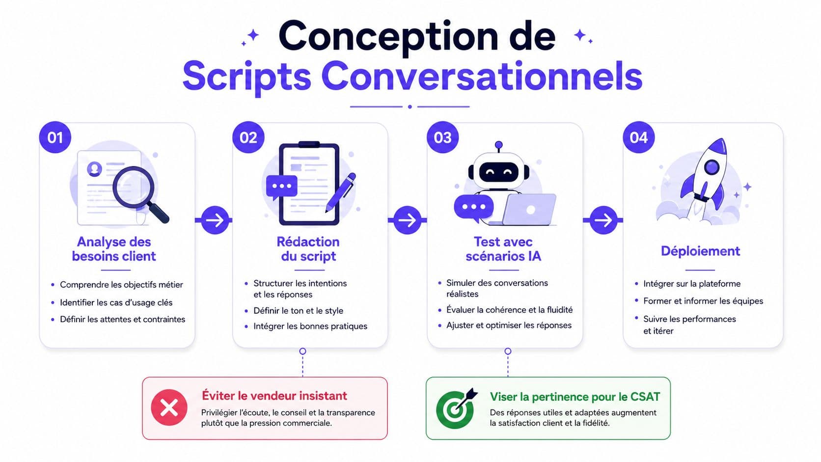 Schéma illustrant les quatre étapes clés de la conception de scripts pour des chatbots conversationnels efficaces.