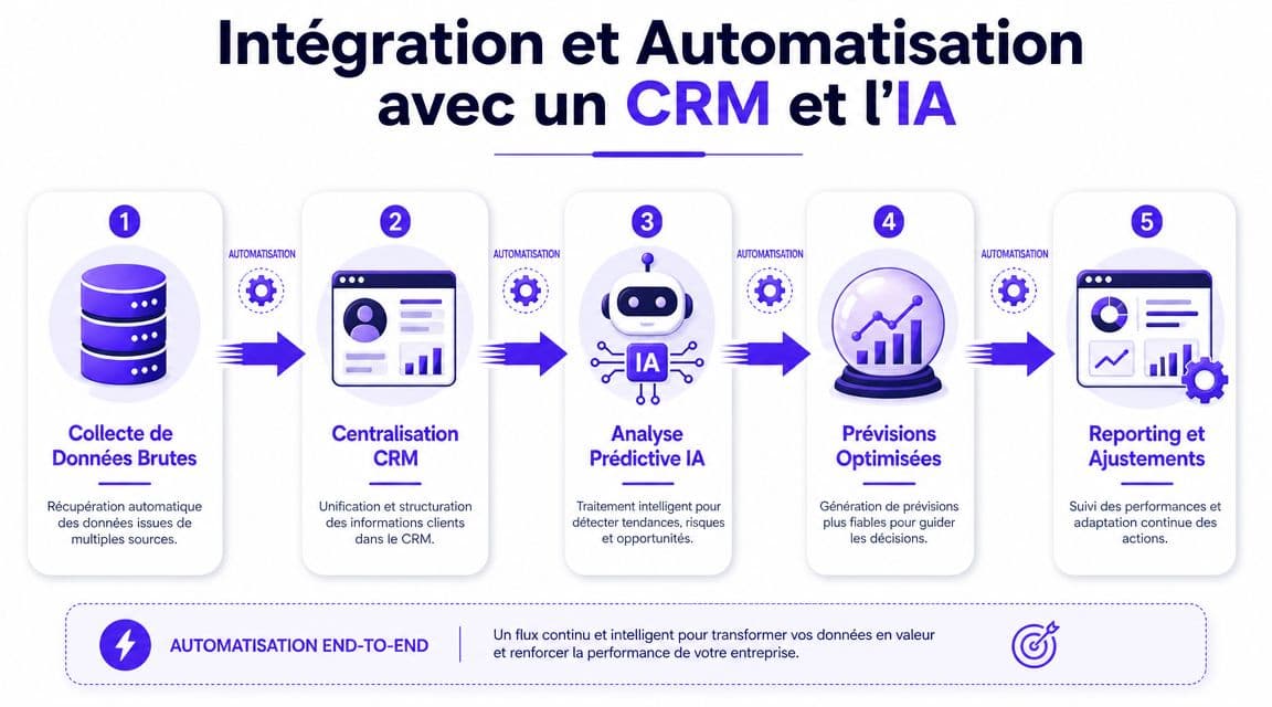 Schéma illustrant un processus d'intégration et d'automatisation des données avec un CRM et l'intelligence artificielle.