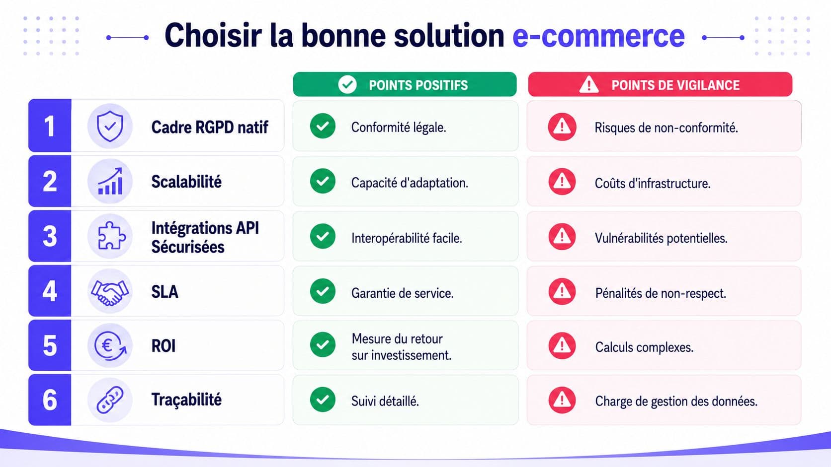 Tableau comparatif sur le choix d'une solution e-commerce présentant des points positifs et des points de vigilance.