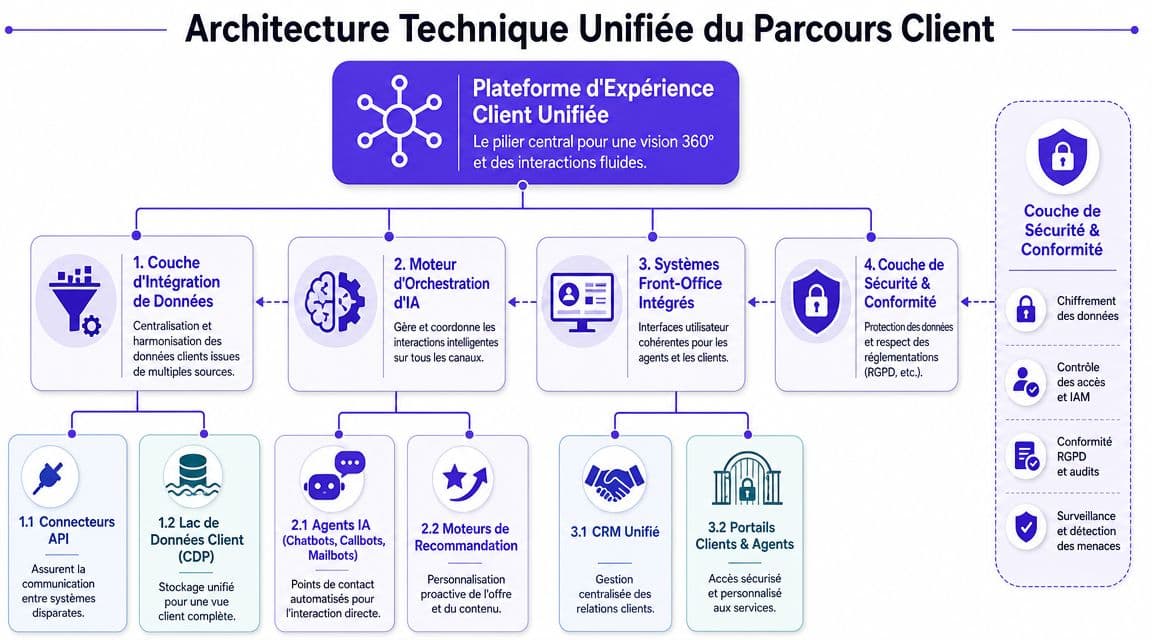 Schéma de l'architecture technique unifiée pour optimiser les parcours clients digitaux à travers divers systèmes intégrés.