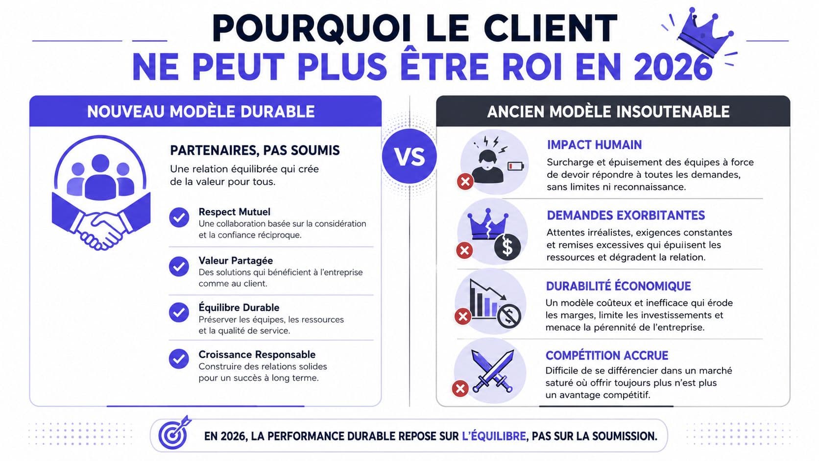 Comparaison infographique entre un nouveau modèle durable basé sur le partenariat et un ancien modèle insoutenable.